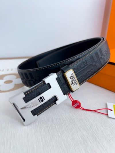 Buy Replica - Hermes  Black Leather Belt  with Silver "H" buckle Steel Buckle 3.8cm